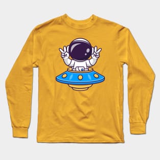 Cute Astronaut Riding UFO With Peace Sign Cartoon Long Sleeve T-Shirt